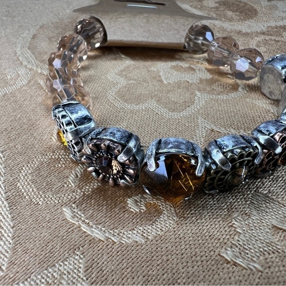 BEADED BRACELET SILVER BROWN BEIGE STRETCH GEM BOHO - Picture 6 of 6